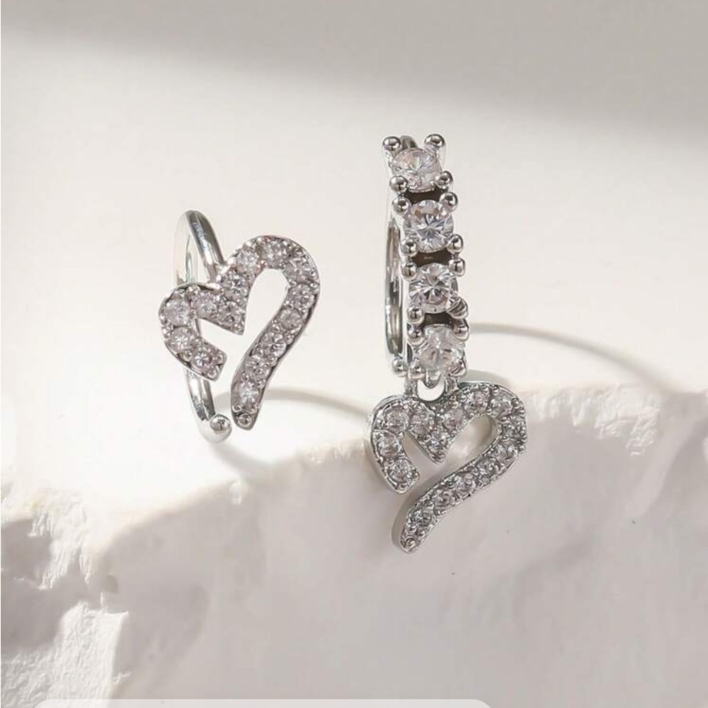 Nose Ring- Nose Ring Set 2pc Copper Zirconia Heart shaped Silver Tone Nose Ring